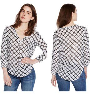 Lucky Brand Top Peasant Blouse Rissani Pleated 3/4 Sleeve White Lattice SZ LARGE